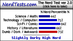 NerdTests.com says I'm a Slightly Dorky High Nerd.  Click here to take the Nerd Test, get geeky images and jokes, and write on the nerd forum!