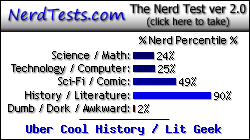 NerdTests.com says I'm an Uber Cool History / Lit Geek.  Click here to take the Nerd Test, get nerdy images and jokes, and talk to others on the nerd forum!
