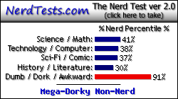 NerdTests.com says I'm a Mega-Dorky Non-Nerd.  Click here to take the Nerd Test, get geeky images and jokes, and write on the nerd forum!