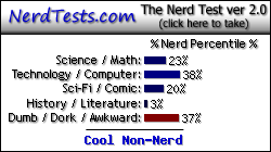 NerdTests.com says I'm a Cool Non-Nerd.  Click here to take the Nerd Test, get geeky images and jokes, and write on the nerd forum!