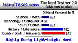 NerdTests.com says I'm a Highly Dorky Light-Weight Nerd.  Click here to take the Nerd Test, get nerdy images and jokes, and talk to others on the nerd forum!