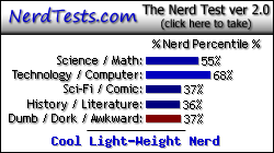 NerdTests.com says I'm a Cool Light-Weight Nerd.  Click here to take the Nerd Test, get geeky images and jokes, and write on the nerd forum!