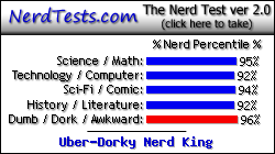 NerdTests.com says I'm an Uber-Dorky Nerd King.  Click here to take the Nerd Test, get nerdy images and jokes, and talk to others on the nerd forum!