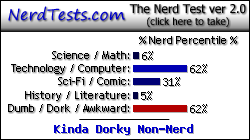 NerdTests.com says I'm a Kinda Dorky Non-Nerd.  Click here to take the Nerd Test, get geeky images and jokes, and write on the nerd forum!