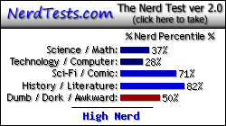 NerdTests.com says I'm a High Nerd.  Click here to take the Nerd Test, get nerdy images and jokes, and write on the nerd forum!