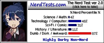 NerdTests.com says I'm a Highly Dorky Non-Nerd.  Click to take the Nerd Test, get nerdy images and jokes, and write on the nerd forum!