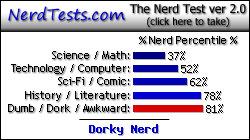 NerdTests.com says I'm a Dorky Nerd.  Click here to take the Nerd Test, get geeky images and jokes, and talk to others on the nerd forum!