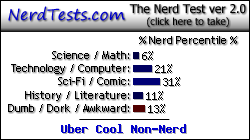 NerdTests.com says I'm an Uber Cool Non-Nerd.  Click here to take the Nerd Test, get geeky images and jokes, and write on the nerd forum!