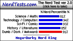 NerdTests.com says I'm a Mega-Dorky Nerd King.  Click here to take the Nerd Test, get geeky images and jokes, and write on the nerd forum!