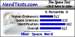 The NerdTests' Space Test says I'm an Uber Space Nerd.  What kind of space geek are you?  Click here!