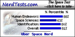 The NerdTests' Space Test says I'm an Uber Space Nerd.  What kind of space geek are you?  Click here!